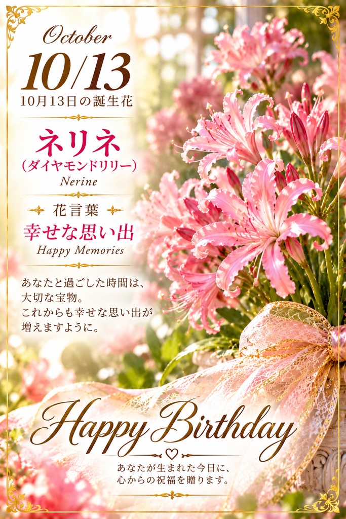 【10月13日】誕生花プレミアムギフトセット｜ネリネ（ダイヤモンドリリー）《幸せな思い出》｜花と言葉を贈る特別なバースデーギフト｜つながる。