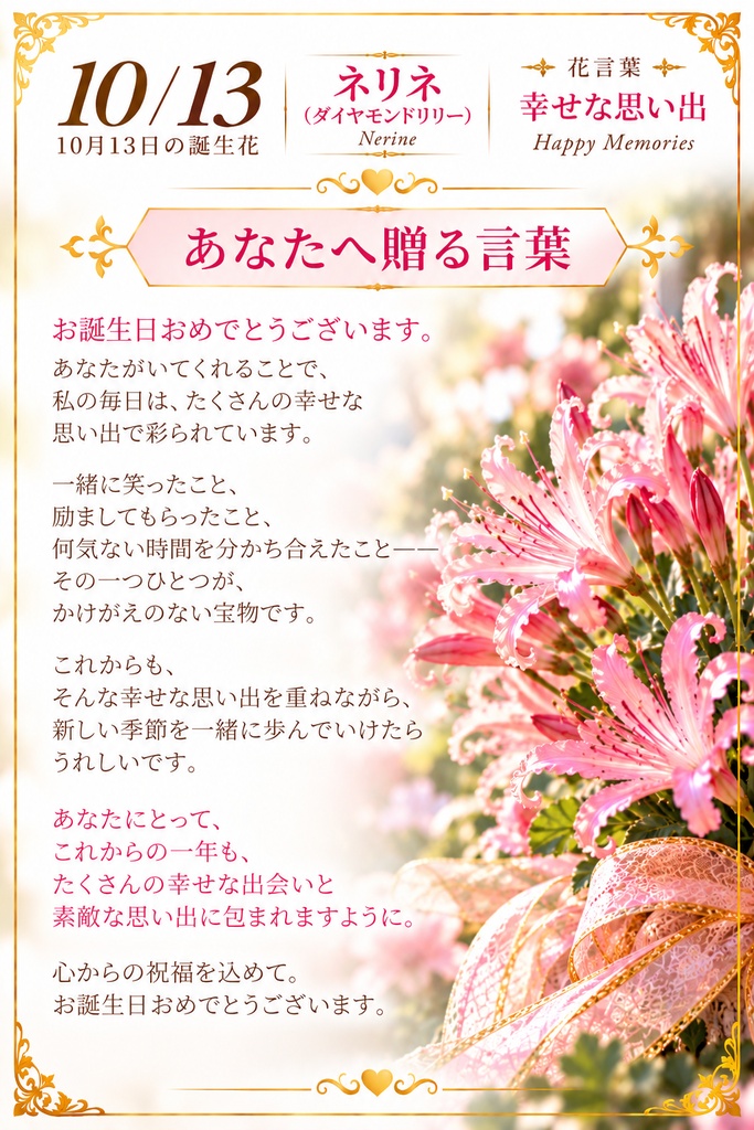 【10月13日】誕生花プレミアムギフトセット|ネリネ(ダイヤモンドリリー)《幸せな思い出》|花と言葉を贈る特別なバースデーギフト|つながる。
