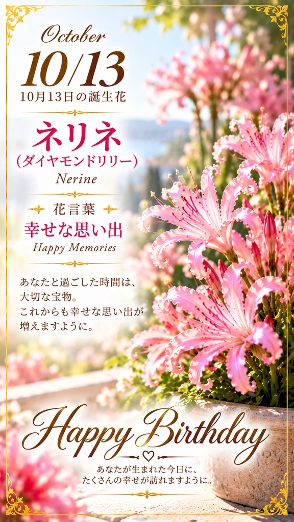【10月13日】誕生花プレミアムギフトセット|ネリネ(ダイヤモンドリリー)《幸せな思い出》|花と言葉を贈る特別なバースデーギフト|つながる。