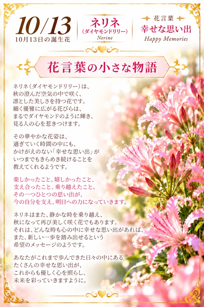 【10月13日】誕生花プレミアムギフトセット|ネリネ(ダイヤモンドリリー)《幸せな思い出》|花と言葉を贈る特別なバースデーギフト|つながる。