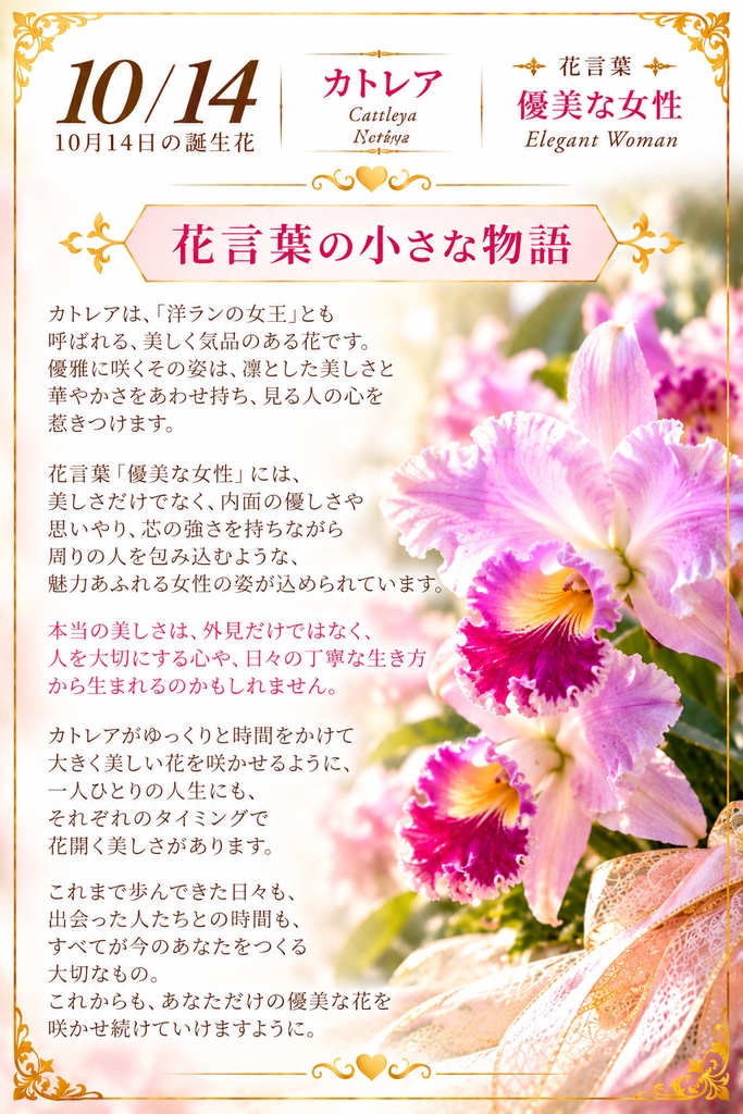 【10月14日】誕生花プレミアムギフトセット|カトレア《優美な女性》|花と言葉を贈る特別なバースデーギフト|つながる。
