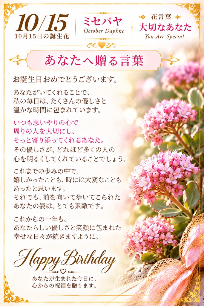 【10月15日】誕生花プレミアムギフトセット|ミセバヤ《大切なあなた》|花と言葉を贈る特別なバースデーギフト|つながる。