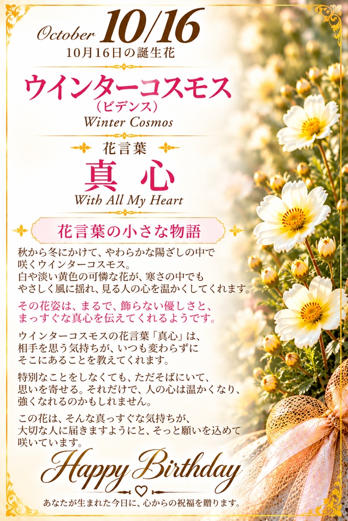 【10月16日】誕生花プレミアムギフトセット|ウインターコスモス《真心》|花と言葉を贈る特別なバースデーギフト|つながる。