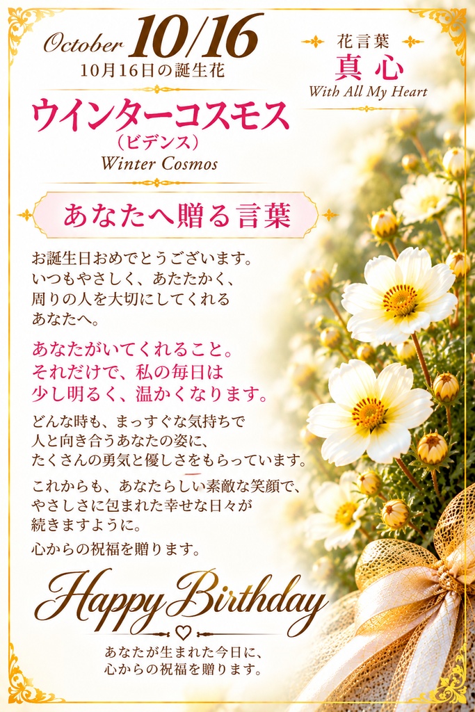 【10月16日】誕生花プレミアムギフトセット|ウインターコスモス《真心》|花と言葉を贈る特別なバースデーギフト|つながる。
