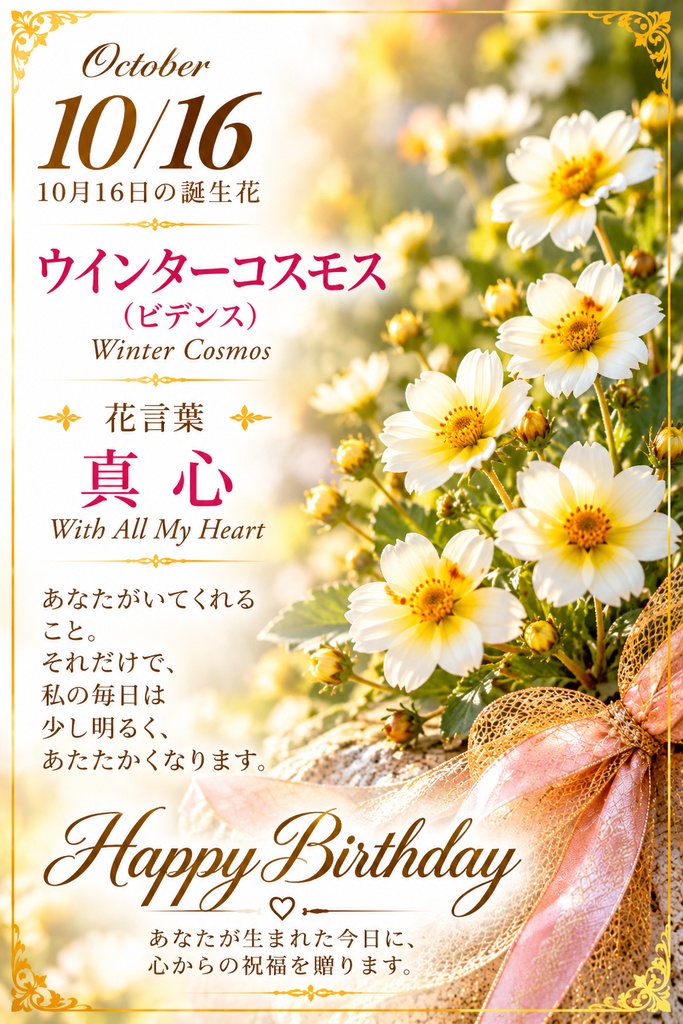 【10月16日】誕生花プレミアムギフトセット｜ウインターコスモス《真心》｜花と言葉を贈る特別なバースデーギフト｜つながる。