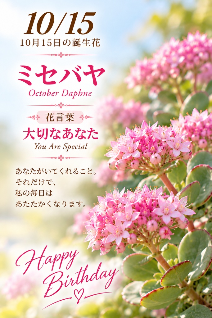 10月15日】誕生花バースデーカード｜ミセバヤ《 大切なあなた 》｜つながる。366日の誕生日