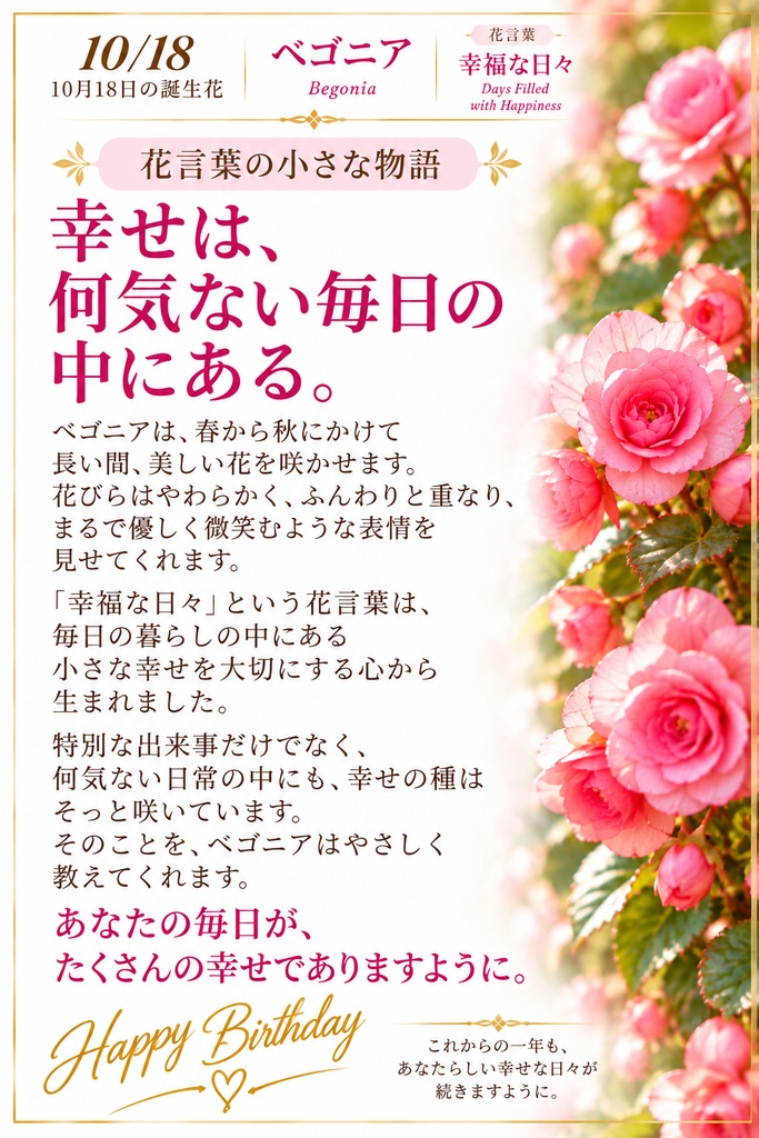 【10月18日】誕生花プレミアムギフトセット|ベゴニア《幸福な日々》|花と言葉を贈る特別なバースデーギフト|つながる。