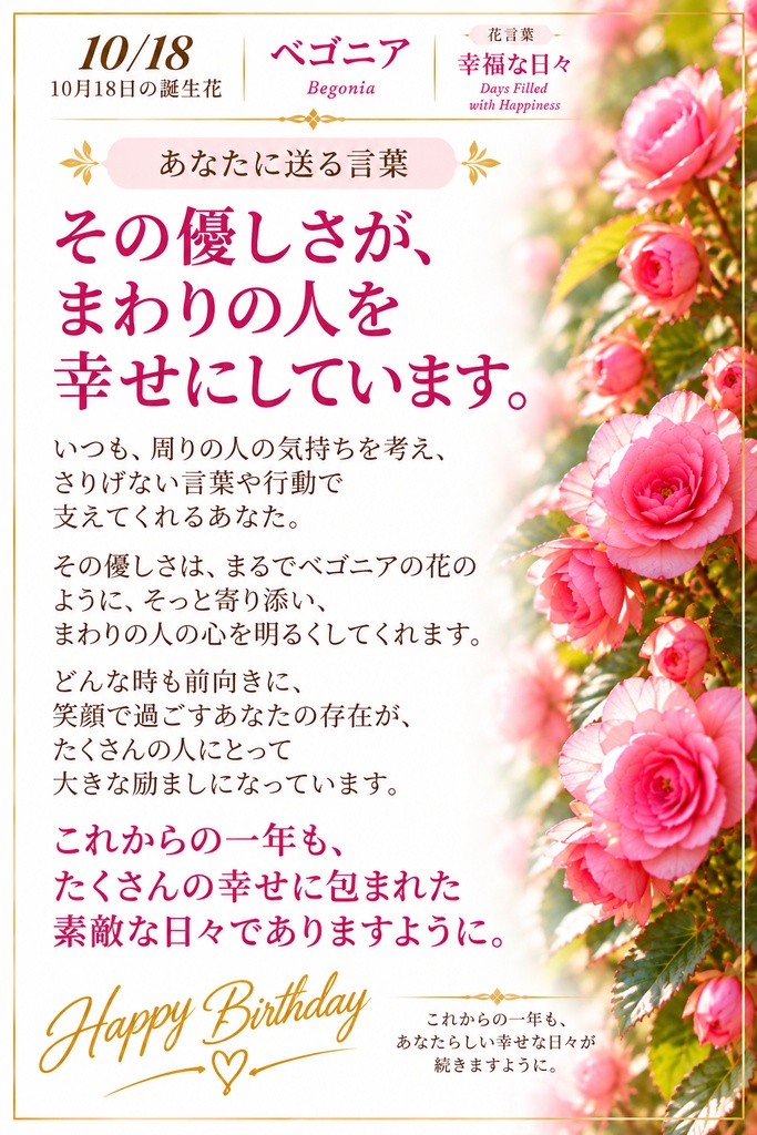 【10月18日】誕生花プレミアムギフトセット|ベゴニア《幸福な日々》|花と言葉を贈る特別なバースデーギフト|つながる。