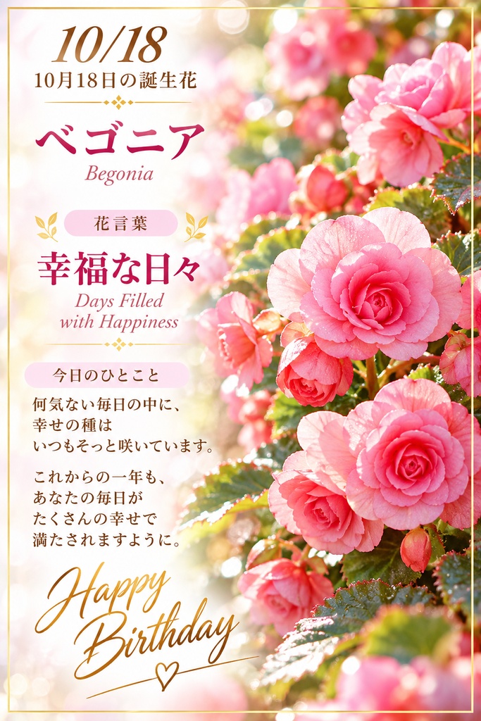 【10月18日】誕生花プレミアムギフトセット｜ベゴニア《幸福な日々》｜花と言葉を贈る特別なバースデーギフト｜つながる。