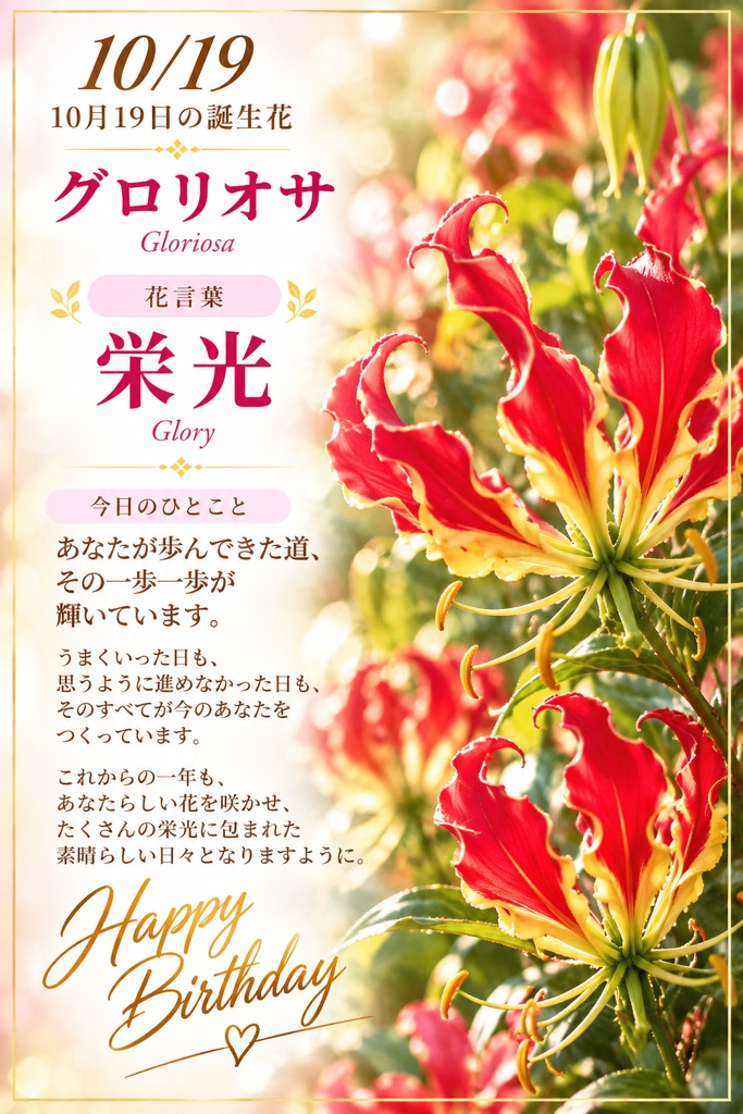 【10月19日】誕生花プレミアムギフトセット｜グロリオサ《栄光》｜花と言葉を贈る特別なバースデーギフト｜つながる。