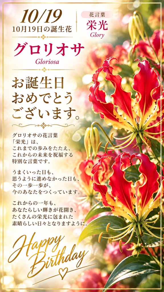 【10月19日】誕生花プレミアムギフトセット|グロリオサ《栄光》|花と言葉を贈る特別なバースデーギフト|つながる。
