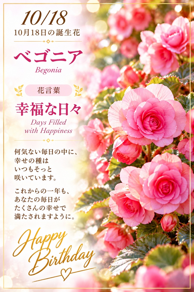 【10月18日】誕生花バースデーカード｜ベゴニア《幸福な日々》｜つながる。366日の誕生日