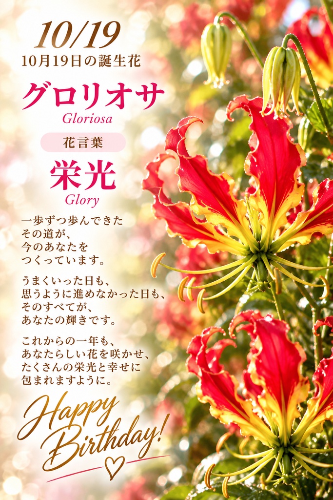 【10月19日】誕生花バースデーカード｜グロリオサ《栄光》｜つながる。366日の誕生日