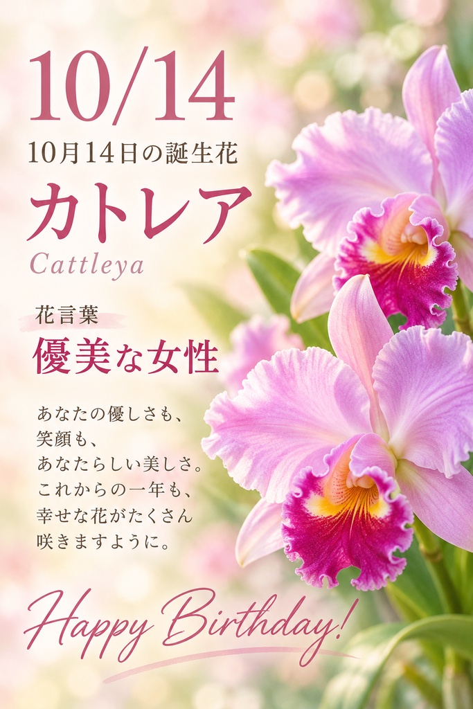 【10月14日】誕生花バースデーカード｜カトレア《優美な女性》｜つながる。366日の誕生日