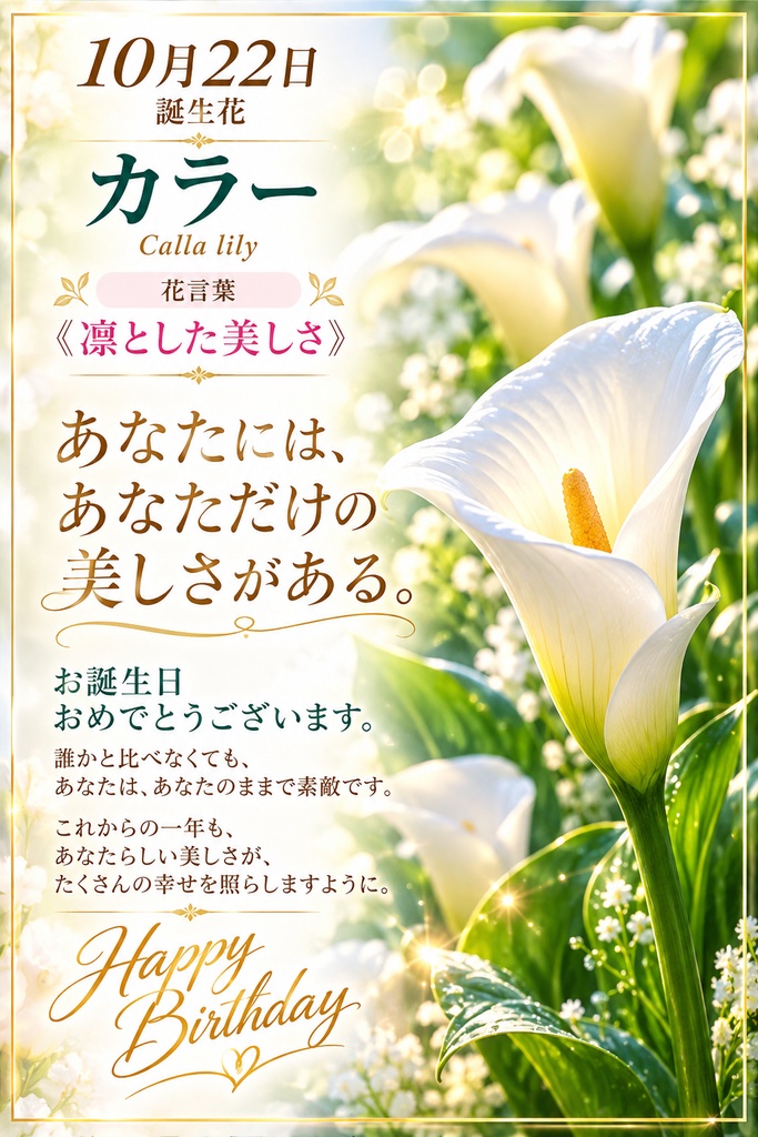 🌸 【10月22日】誕生花 カラー《凛とした美しさ》｜0円バースデーカード｜つながる。