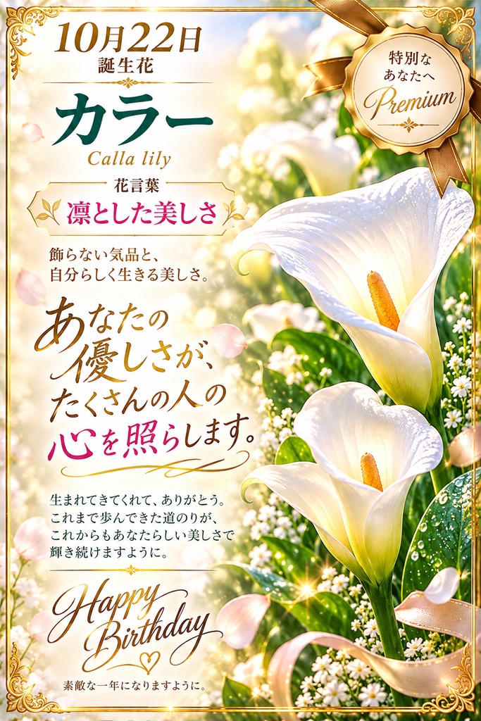 🌸 【10月22日】誕生花 カラー《凛とした美しさ》｜大切な人へ贈るプレミアム誕生日ギフト4点セット｜300円｜つながる。