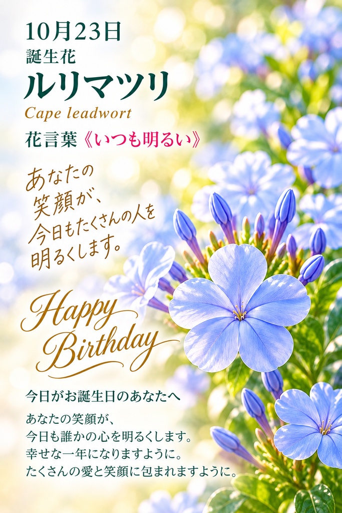 【10月23日】誕生花バースデーカード｜ルリマツリ《いつも明るい》｜0円版｜つながる。366日の誕生日