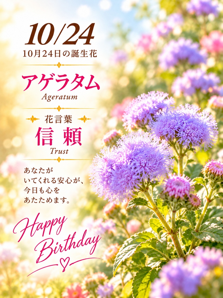 🌸【10月24日】誕生花バースデーカード｜アゲラタム《信頼》｜0円版｜つながる。366日の誕生日