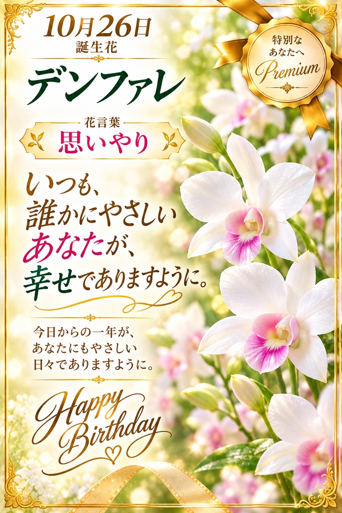 🌸【10月26日】誕生花 デンファレ《思いやり》｜大切な人へ贈るプレミアム誕生日ギフト3点セット｜300円｜つながる。