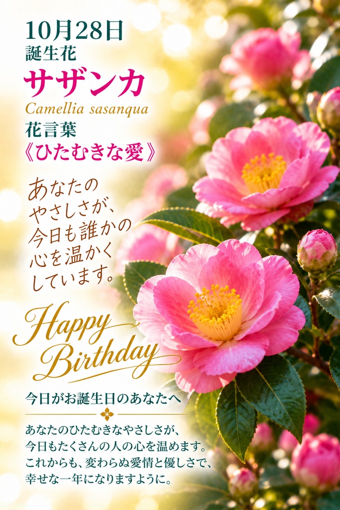🌸 【10月28日】誕生花バースデーカード｜サザンカ《ひたむきな愛》｜0円版｜つながる。366日の誕生日