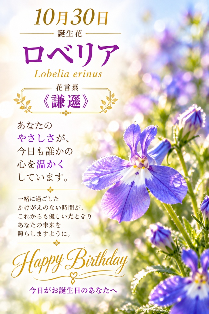 🌸 【10月30日】誕生花バースデーカード｜ロベリア《謙遜》｜0円版｜つながる。366日の誕生日