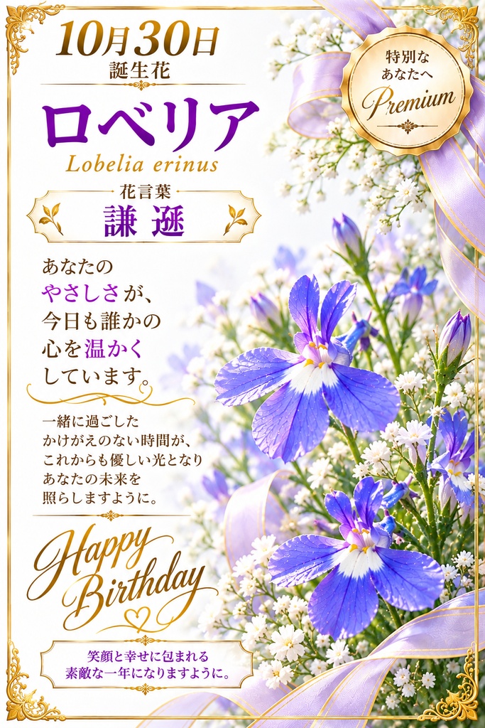 🌸 【10月30日】誕生花 ロベリア《謙遜》|大切な人へ贈るプレミアム誕生日ギフト4点セット|300円|つながる。