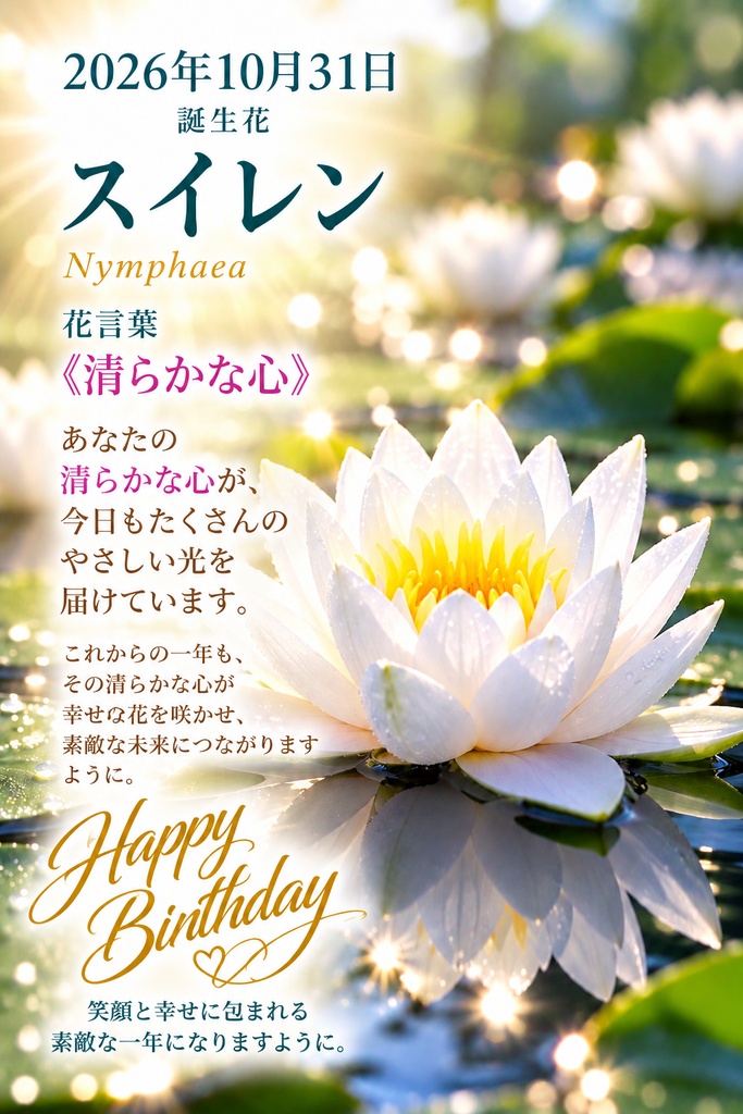 🌸 【10月31日】誕生花バースデーカード｜スイレン《清らかな心》｜0円版｜つながる。366日の誕生日