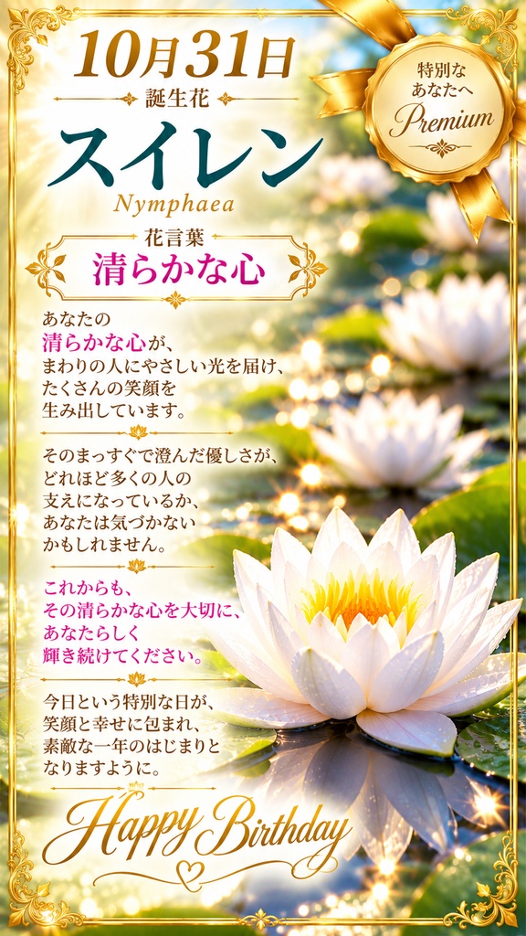 🌸 【10月31日】誕生花 スイレン《清らかな心》|大切な人へ贈るプレミアム誕生日ギフト4点セット|300円|つながる。