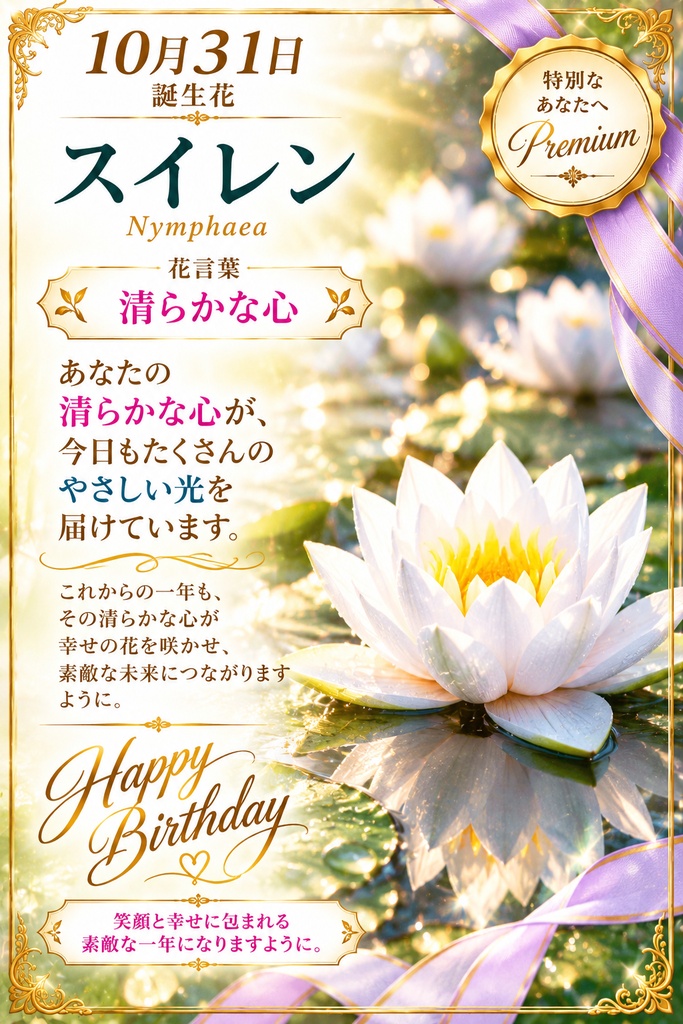 🌸 【10月31日】誕生花 スイレン《清らかな心》|大切な人へ贈るプレミアム誕生日ギフト4点セット|300円|つながる。
