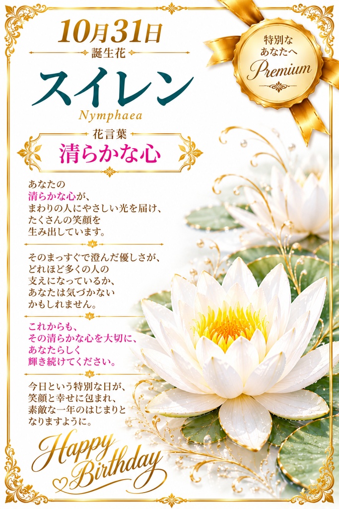 🌸 【10月31日】誕生花 スイレン《清らかな心》|大切な人へ贈るプレミアム誕生日ギフト4点セット|300円|つながる。