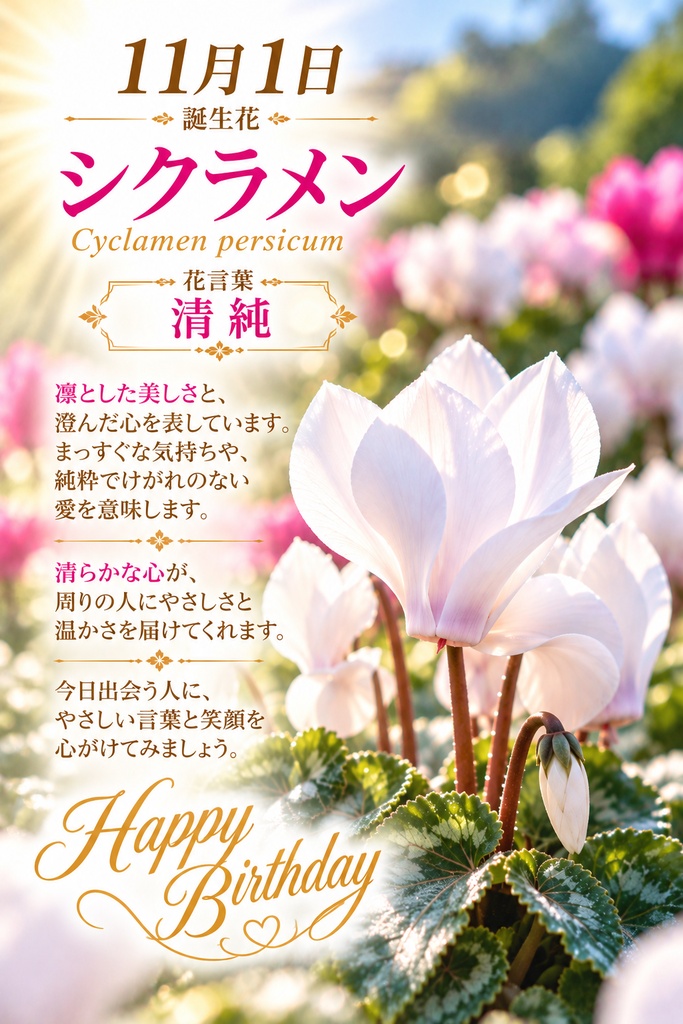 🌸 【11月1日】誕生花バースデーカード｜シクラメン《清純》｜0円版｜つながる。366日の誕生日