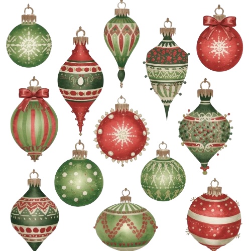 水彩画クリスマス クリップアート全11種類|アンティーク調・PNG背景透過