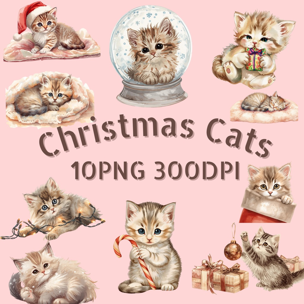Christmas Cats Clipart Collection 全10種類｜アンティーク調・PNG背景透過