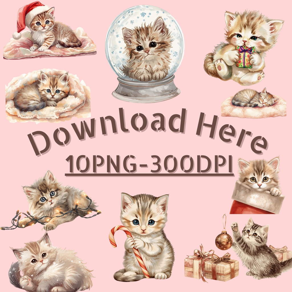 Christmas Cats Clipart Collection 全10種類|アンティーク調・PNG背景透過