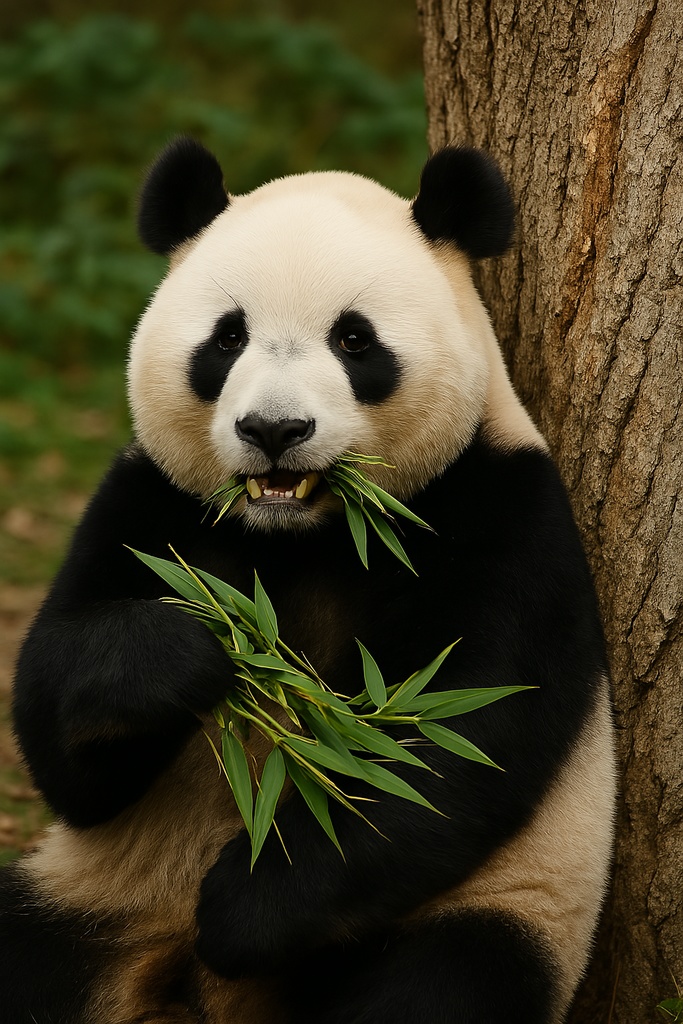 パンダが大きな木にもたれて笹を食べている