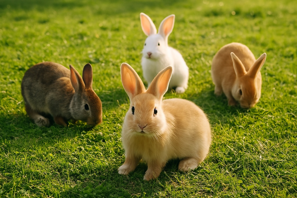 ウサギたちが芝生で遊んでいるところ