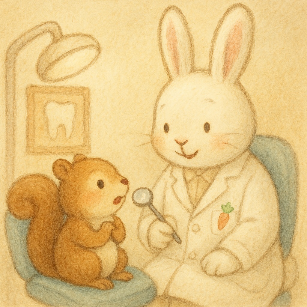 ウサギ先生とリスの患者が絵本風の診察室でのやり取りを描いたアニメ