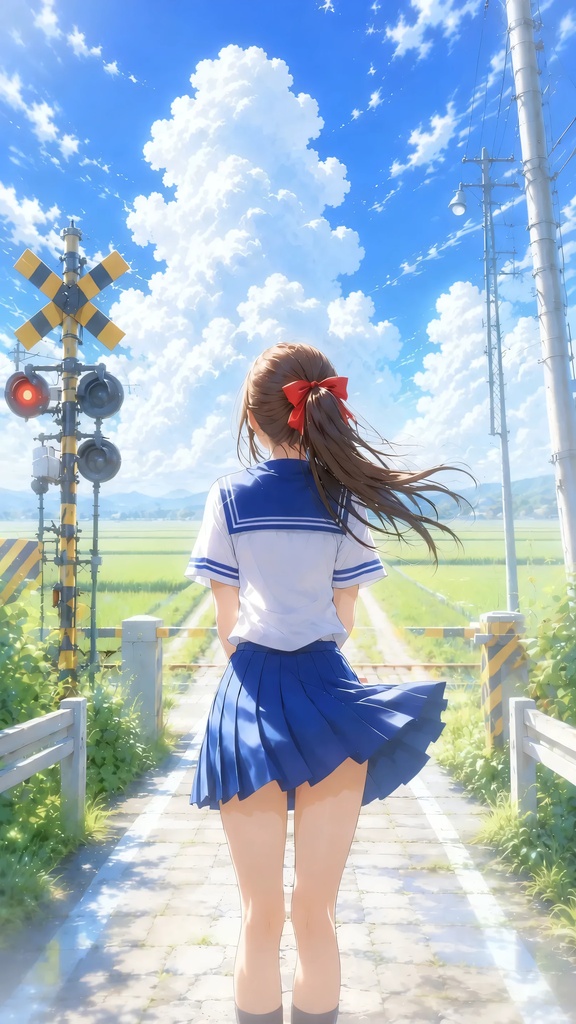 夏空の踏切と白い雲｜無料スマホ壁紙