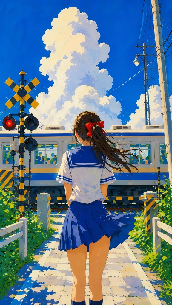 夏空の踏切と白い雲ver2｜無料スマホ壁紙