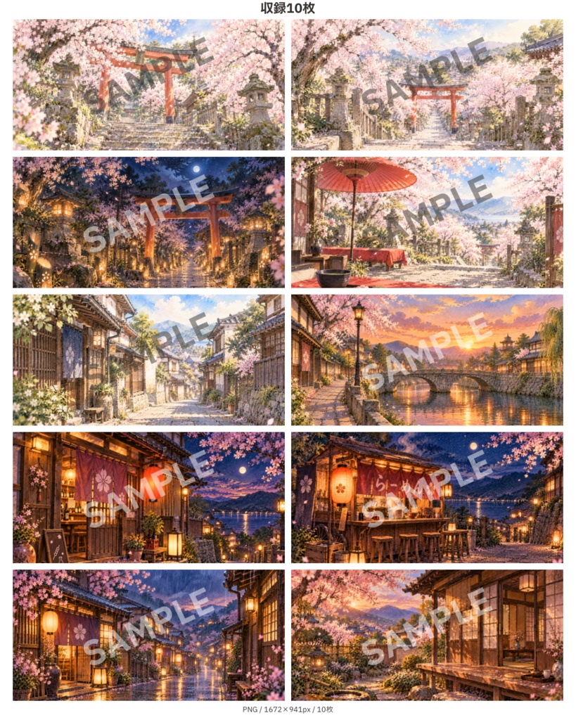 《やさしい和の情景》水彩・色鉛筆風 和風背景素材10枚