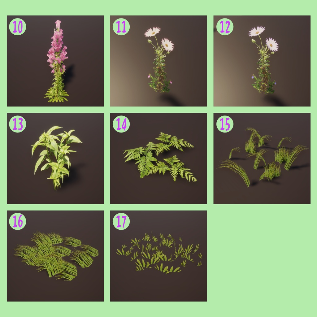 花と草の3Dモデル(17種類)