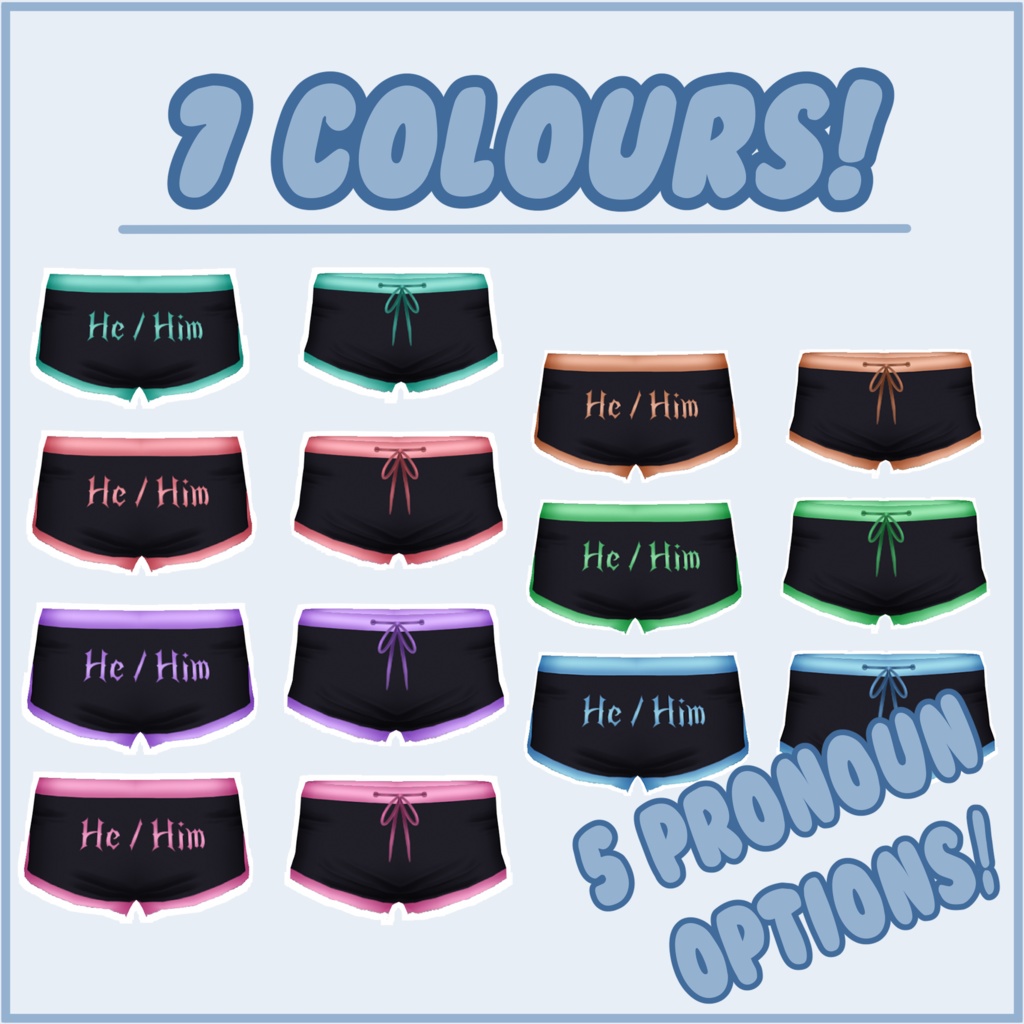 Pronoun Booty Shorts - 7 Colour Variations - 5 Pronoun Options  - (VRoid)