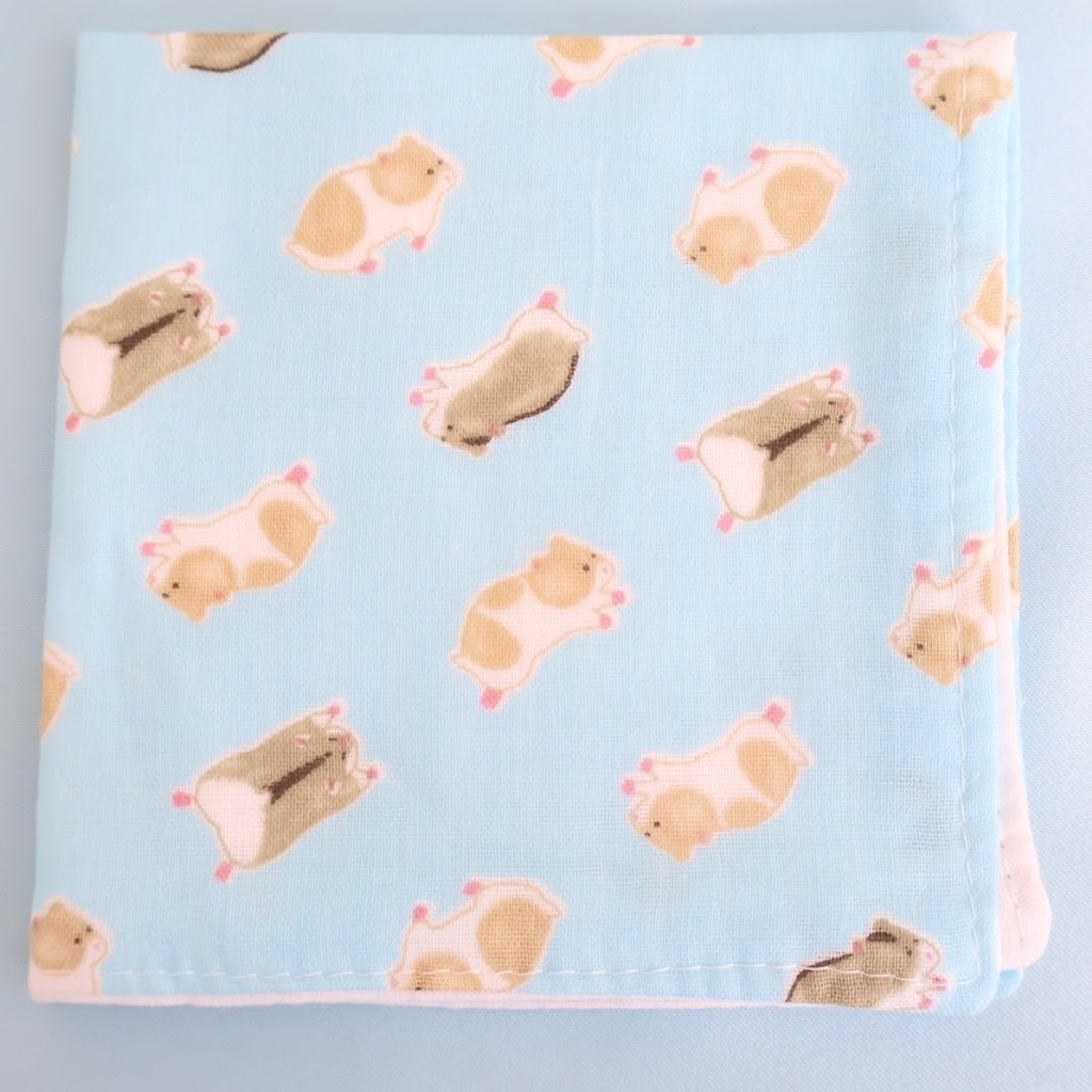 ハムスター柄ダブルガーゼハンカチ レギュラーサイズ 青