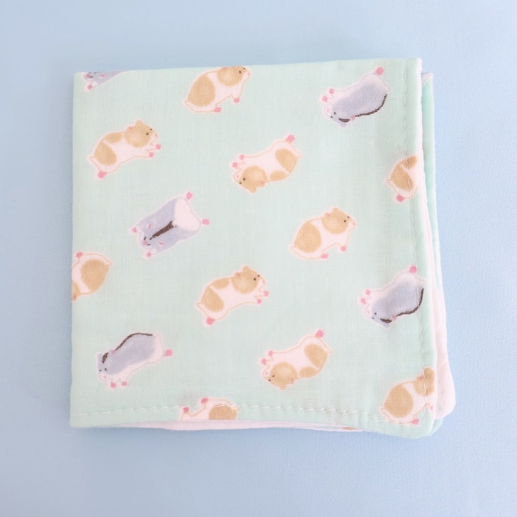 ハムスター柄ダブルガーゼハンカチ レギュラーサイズ 緑