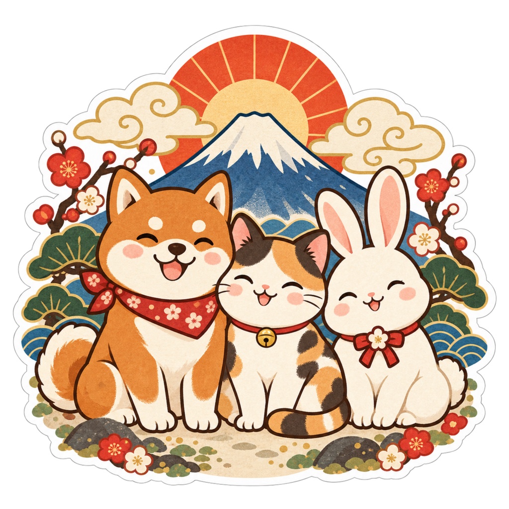 日本の和柄と四季×ゆるかわ動物 デジタルステッカー30枚|Japanese Kawaii Animal Stickers 30 PNG