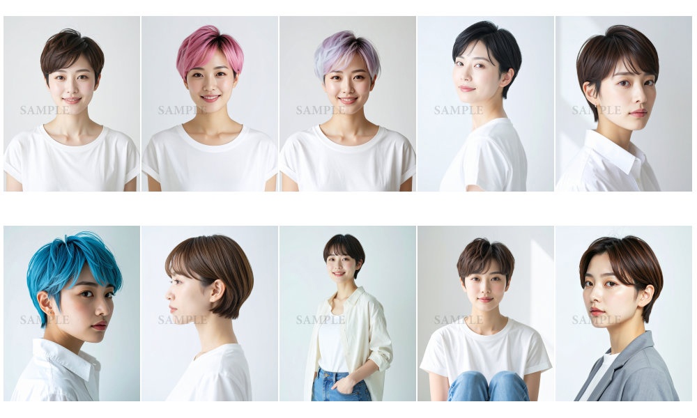 AI美容カットモデル写真(【女性:ショート系_ピクシーカット】)10枚セット(厳選版/Adobe Firefly生成)