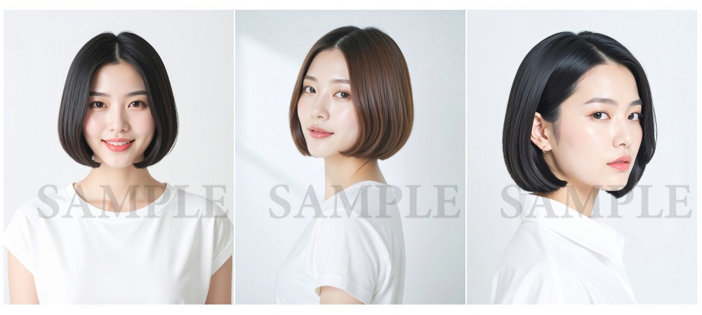 AI美容カットモデル写真(【女性:ボブ系_ミニボブ】)3枚セット(お試し/Adobe Firefly生成)