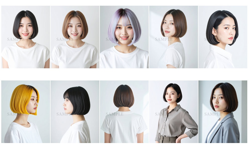 AI美容カットモデル写真(【女性:ボブ系_ミニボブ】)10枚セット(厳選版/Adobe Firefly生成)