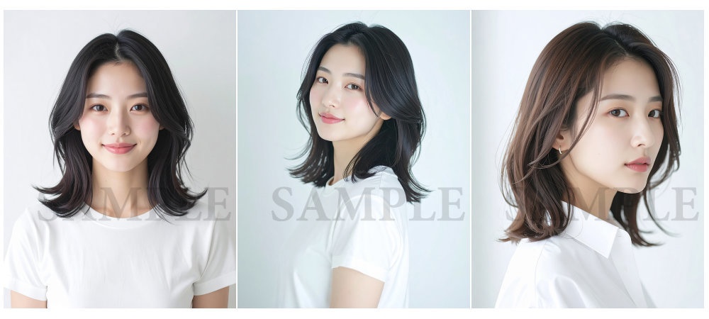 AI美容カットモデル写真(【女性:ミディアム系(肩-鎖骨)_レイヤーミディ】)3枚セット(お試し/Adobe Firefly生成)