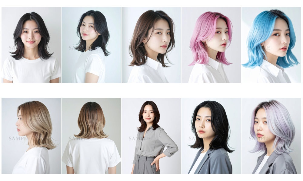 AI美容カットモデル写真(【女性:ミディアム系(肩-鎖骨)_レイヤーミディ】)10枚セット(厳選版/Adobe Firefly生成)